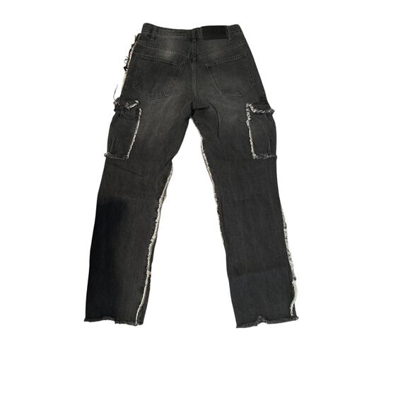 NWOT boohooMAN Black Cargo Jeans Reversed Seams Button Fly Size 30x31 - Picture 2 of 5